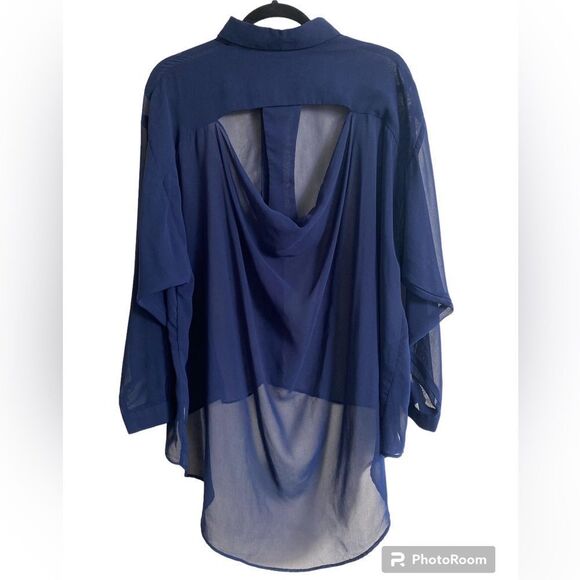 Unique blue see through button down hi-low shirt with open back detail - Picture 2 of 2